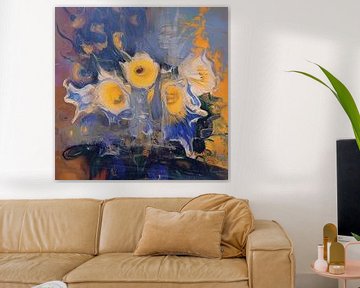 Yellow flowers and blue irises by Nop Briex