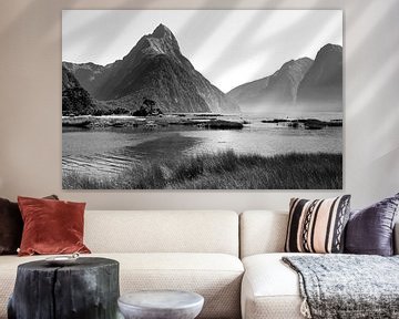 Black-and-white image of Mitre Peak and Milford Sound, New Zealand by Rini Kools