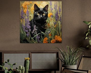 Black Cat and Flowers inspired by Vincent van Gogh