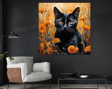 Black Cat and Flowers inspired by Vincent van Gogh