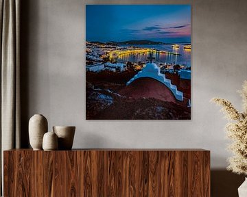 Chapelle sur le port, bateaux de croisière, ville de Mykonos, Mykonos, Grèce sur Rene van der Meer
