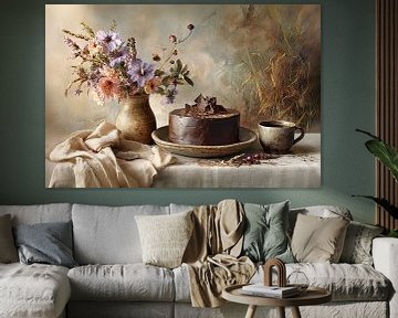 Chocoladetaart met Bloemen en Koffie - Klassiek Dessert Stilleven van Joriali fotografie en schilderijen