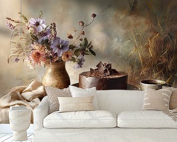 Schokoladenkuchen mit Blumen und Kaffee – Klassisches Dessert-Stillleben