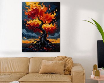 Peinture à l'huile texturée d'un arbre en feu sur fond de ciel crépusculaire orageux sur Artistic