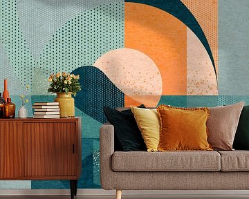 Geometric landscape with sun and mountains by Mixed media vector arts