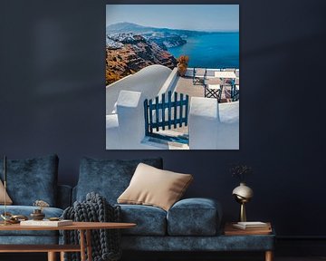 Terrasse de l'hôtel, toits blancs, Imerovigli, Santorin, Grèce sur Rene van der Meer