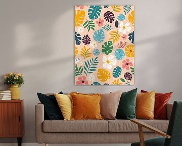 Tropisches Hawaii-Blatt- und Blütenmuster auf hellem Hintergrund von Mixed media vector arts