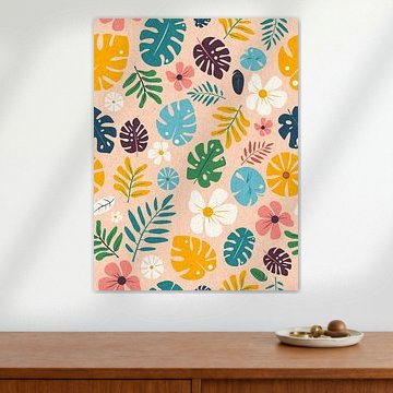 Tropical Hawaiian leaf and flower pattern on a light-coloured background by Mixed media vector arts