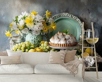 Zitronentarte mit Trauben und Frühlingsblumen - Country Still Life