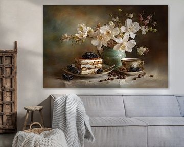 Tiramisu with Coffee and Flowers - Romantic Still Life by Joriali photography and paintings