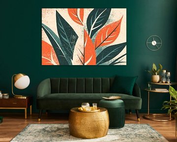 Grafische compositie van bladeren in groen en oranje van Mixed media vector arts