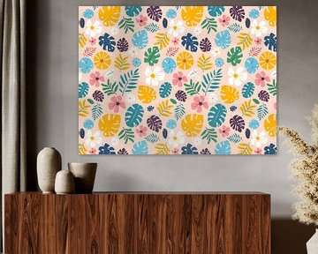 Tropisches Hawaii-Blatt- und Blütenmuster - Version für Tapeten von Mixed media vector arts