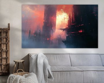 Abstracte sombere stad bij zonsondergang panorama