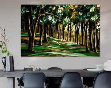 Enchanted forest with golden light