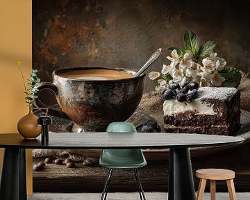 Coffee with Chocolate Cake - Rustic Breakfast Still Life by Joriali photography and paintings