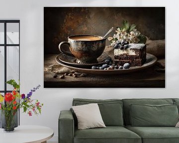 Koffie met Chocoladetaart - Rustiek Ontbijt Stilleven van Joriali fotografie en schilderijen
