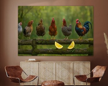 Parade de poulets colorés sur la clôture sur Kleurenrijk