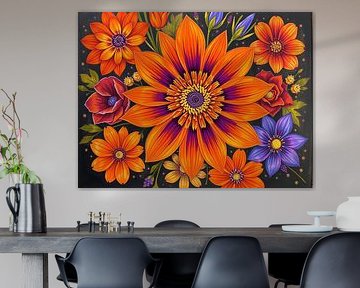 Symphonie florale orange et pourpre vibrante : Un jardin scintillant d'ombre et de lumière
