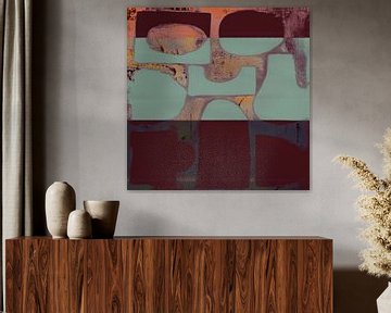 Japandi. Abstracte vormen in warm bruin, saliegroen, koraal en roest van Abstract Minimalist Art