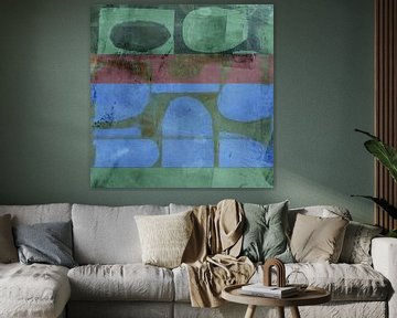 Abstracte vormen in gedempt groen, neonblauw en paars van Abstract Minimalist Art