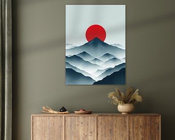 A Serene and Minimalist Landscape with a Bold Red Sun by Artistic