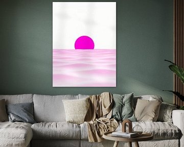 Soleil magenta néon se levant sur un paysage de dunes du désert rose pastel