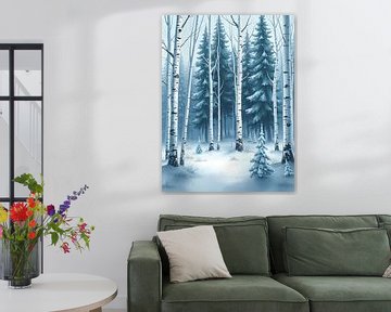Sereen winterlandschap: Een besneeuwd bos van dennen en groenblijvers van Artistic
