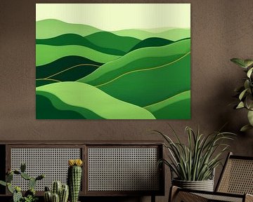 Un voyage verdoyant à travers les collines : Un paysage moderne et minimaliste de crêtes vertes sereines avec des sentiers dorés