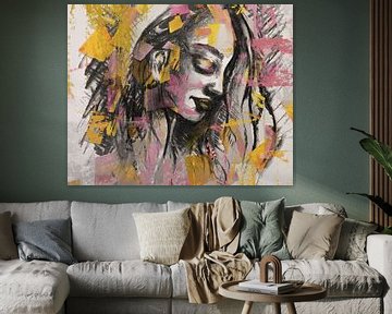Kunstwerk portret met diverse stijlen in roze zwart en geel van Emiel de Lange