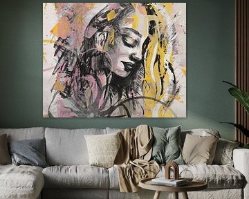 Kunstwerk portret met diverse stijlen in roze zwart en geel van Emiel de Lange