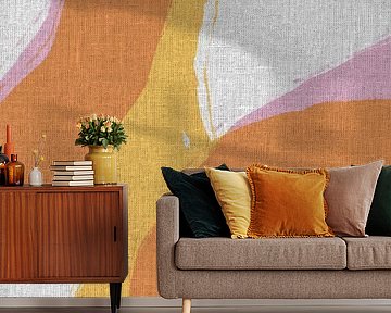 Abstrakte Formen und Linien in Pastellfarben auf Leinen. Orange, gelb, rosa