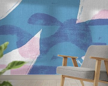 Abstrakte Formen und Linien in Pastellfarben auf Leinen. Blau und Rosa