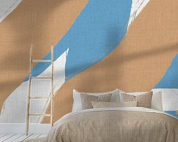 Abstrakte Formen und Linien in Pastellfarben auf Leinen. Blau und Braun von Dina Dankers