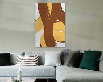 Formes et lignes abstraites en jaune et marron sur lin. sur Dina Dankers