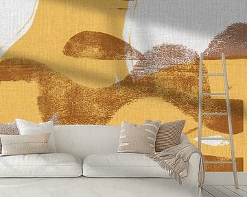 Abstrakte Formen und Linien in Pastellfarben auf Leinen. Gelb und Braun.