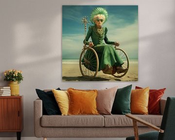 Surrealistische oudere dame groene jurk rolstoel strand zand grillige van gm_designs