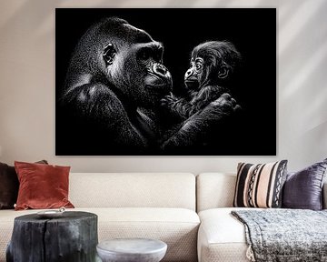 Mère et petit gorille noir et blanc sur Imperial Art House