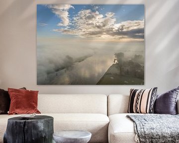 Misty river IJssel overhead aerial view during autumn by Sjoerd van der Wal Photography