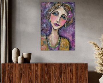 Vrouwenportret in Levendige Kleuren | Vrouw met Kleurrijke Accenten van Abstract Schilderij