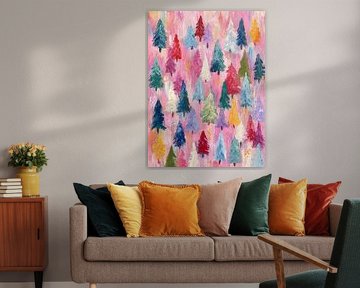 Cheerful winter forest in rainbow colours