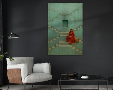 Moment of rest in a turquoise stairwell