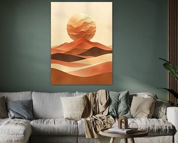 Paysage abstrait du coucher de soleil du désert imprimé dans les tons terreux de Terracotta