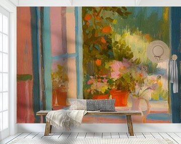 Sommerliche Aussicht durch ein offenes Fenster