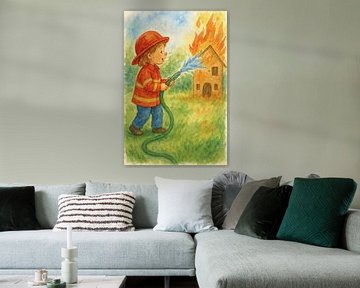 Kleine brandweerman / brandweervrouw blust huis (AI) (kind, verkleedkleren, verkleden, vrolijk, schattig, rollenspel, fantasie, tuinslang) van Natalie Bruns