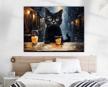 Black cat and café at night, inspired by Van Gogh
