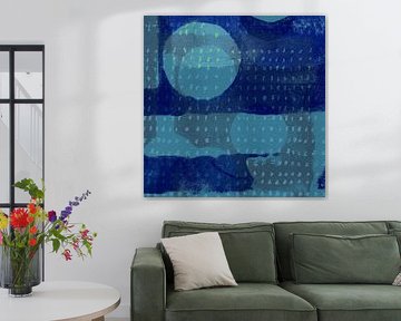 Modern abstract in blauw met geel patroon II van Dina Dankers