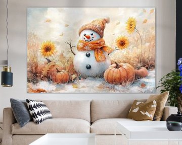 Herfstvibes in de winter - sneeuwpop met zonnebloemen en pompoenen van Mel Digital Art