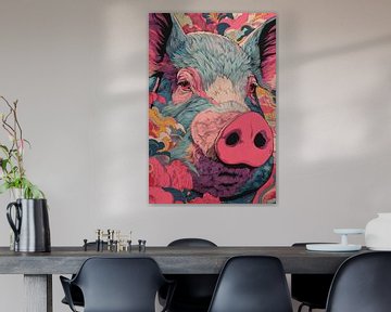 Varken Popart Portret met Fantasievolle Achtergrond van Eva Lee