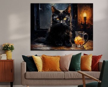 Black cat and café at night, inspired by Van Gogh