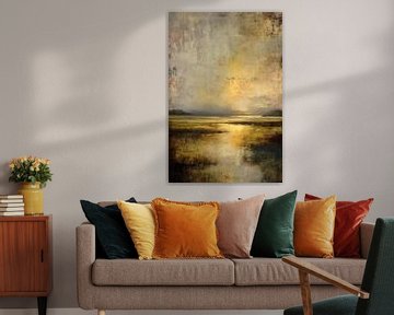 Golden Horizon - Ruhige abstrakte Malerei am Wasser von BowiScapes Abstrakt und digitale Kunst